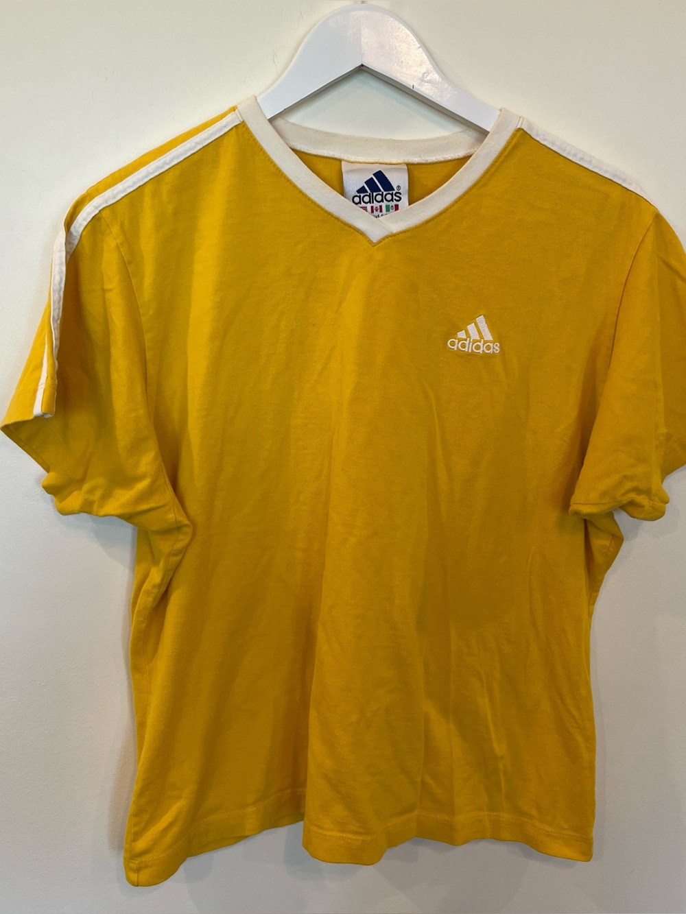 Vintage adidas Womens T Shirt Large Yellow V-Neck Short Sleeve Cotton Solid